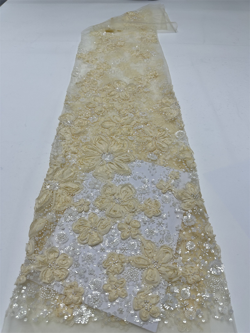 Discos de encaje de flores tridimensionales bordados vestido de novia blanco de alta calidad tela de moda tela de bordado de lentejuelas LACE