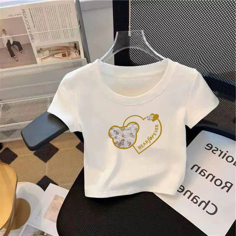Pure Cotton Short-Sleeved T-Shirt for Women, New Summer Style, White Round-Neck Shirt, Slim Fit, Fashionable Short Top That Exposes the Navel, All Cotton Pure Cotton Short-Sleeved T-Shirt for Women, New Summer Style, White Round-Neck Shirt, Slim Fit, Fashionable Short Top That Exposes the Navel, All Cotton