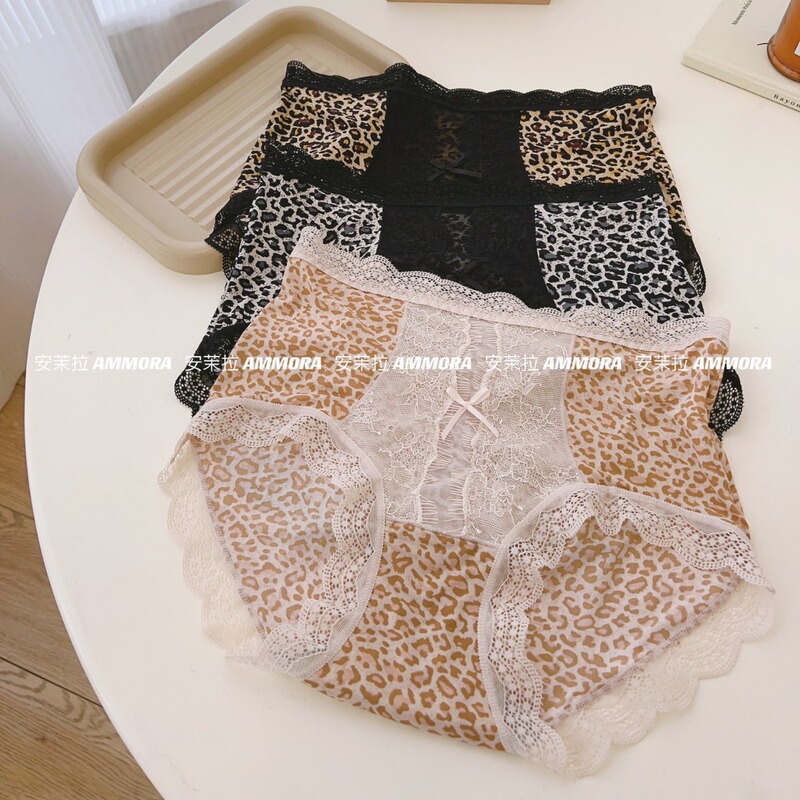 Anxiaola 2670 Women's Mid-High waist underwear front slightly transparent sexy lace mesh bow leopard print cotton crotch sweat-absorbent