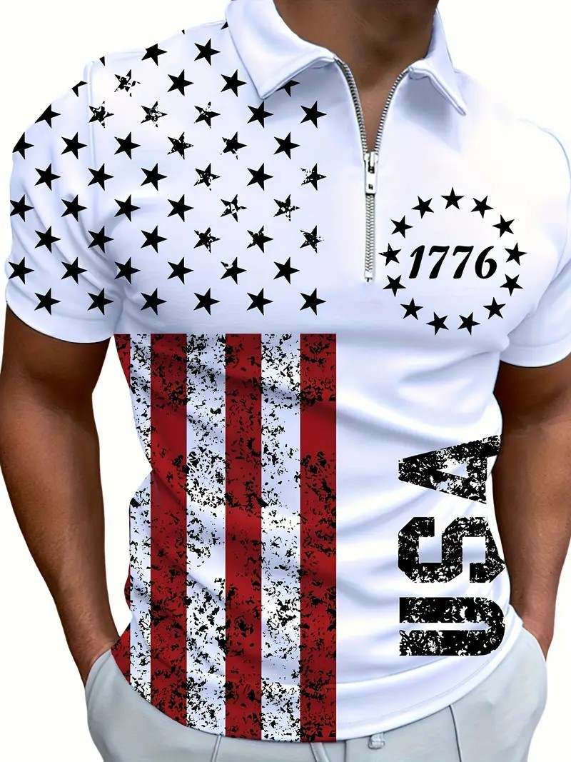 2025 nuevo estilo europeo y americano transfronterizo Amazon casual todo-fósforo patrón de bandera de manga corta cremallera camisa POLO MB13