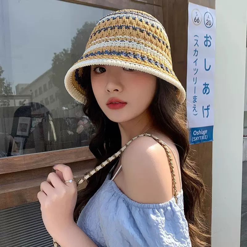 夏季新款渔夫帽女镂空编织水桶盆帽彩虹拼色洋气百搭防晒遮阳帽子