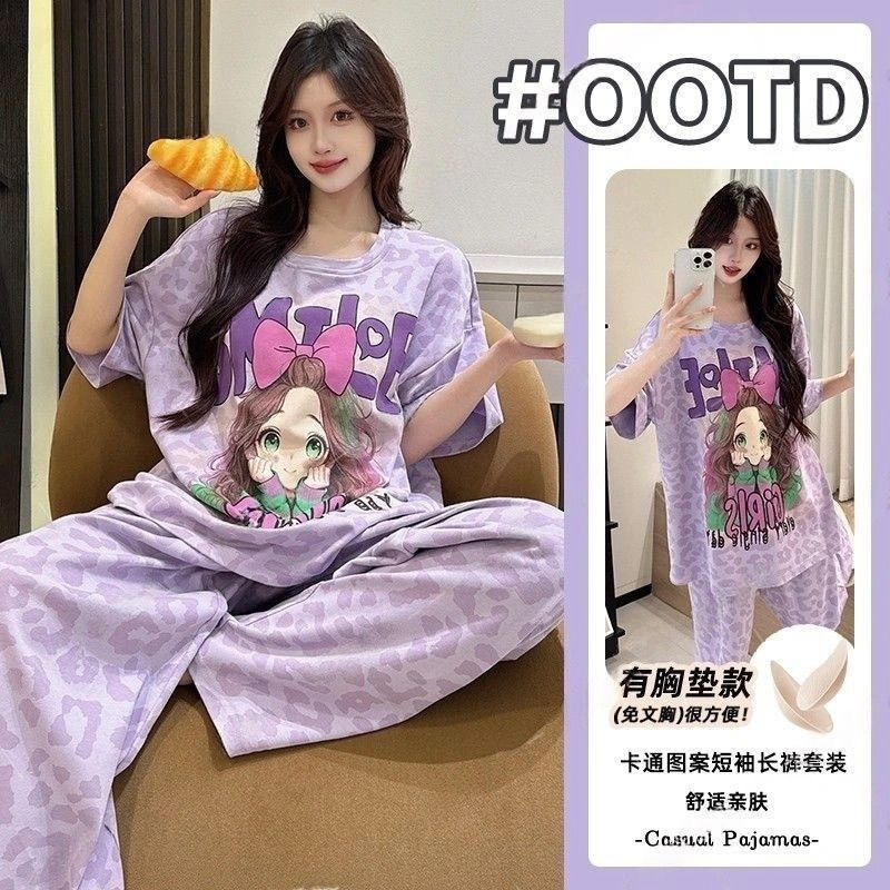Summer Pajamas for Women with Breast Pads, Short-Sleeved Trousers, Sweet and Cute Loose-Fitting Large-Size Home Clothes, Fresh Girly Style Suits