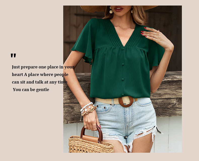 Solid Color V-neck Folds Shirt_voghion.com