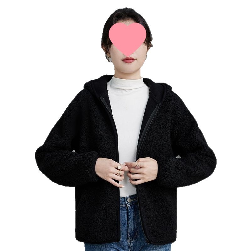 女士秋冬外套短款洋气外穿仿羊羔绒连帽开衫上衣2025新款加绒保暖|undefined