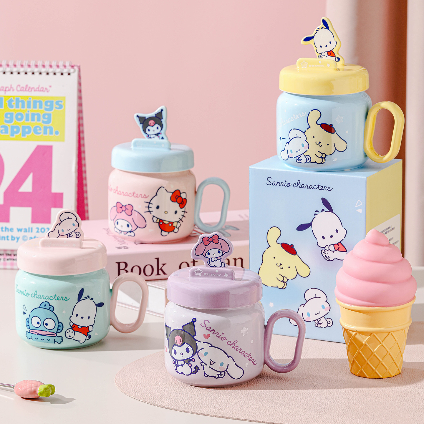 Sanliou tazas de cerámica de dibujos animados auténticas con tapa encantadora de oficina de chicas tazas portátiles tazas de agua