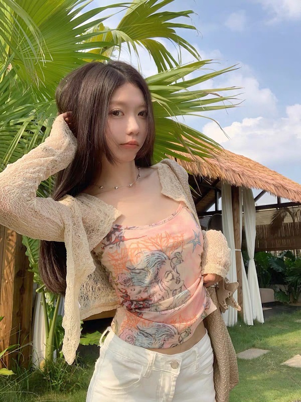 966+967#初秋新款两件套蕾丝外套加涂鸦印花背心女修身带胸垫百搭|undefined