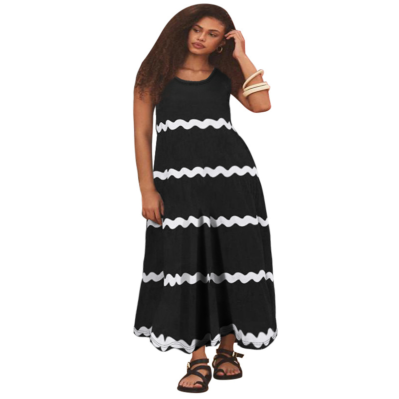 Plus size dames jurk mouwloos met spaghettibandjes gestreept_voghion.com
