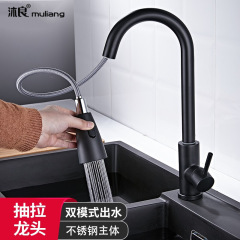 Kitchen black stainless steel pull-out double hot and cold water faucet dishwashing sink extendable pull-out faucet