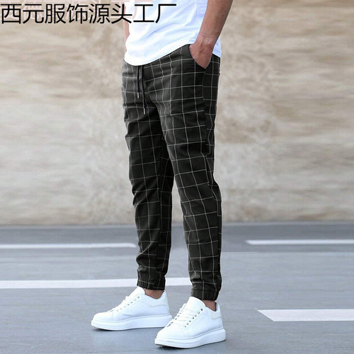 New European and American Streetwear Plaid Casual Trousers Fashionable Ripped Pants with Drawstring Wholesale