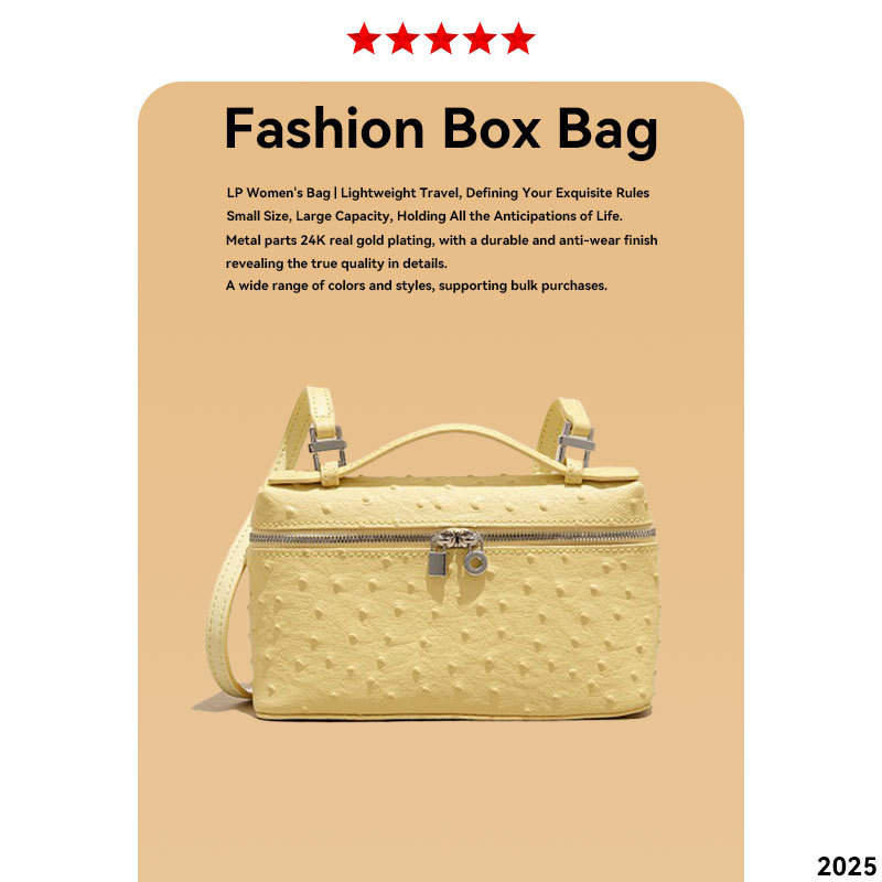 Top Grain Cowhide Ostrich Embossed Handheld Lunch Box Bag Genuine Leather Women's Box Bag Shoulder Crossbody Small Square Bag Spring New Arrival - Thumbnail 2