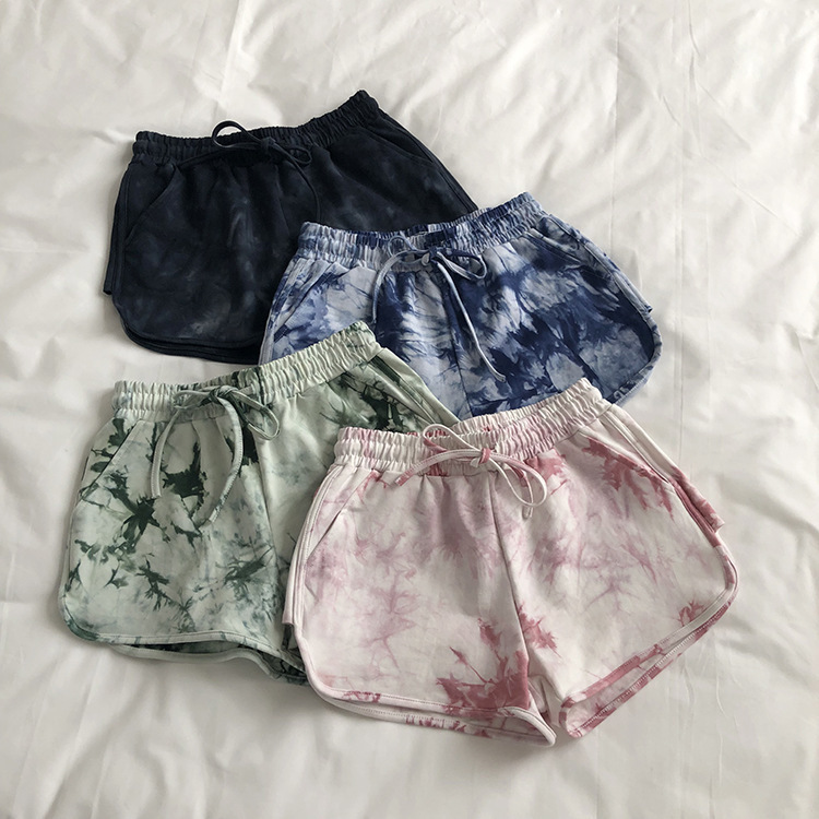 Retro washed tie-dyed printed slimming wide-leg casual high waist shorts running sports hot pants beach pants for women fashion