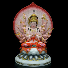 坐千手观音佛像汉白玉带背板千手千眼观世音菩萨家用供奉神像摆件