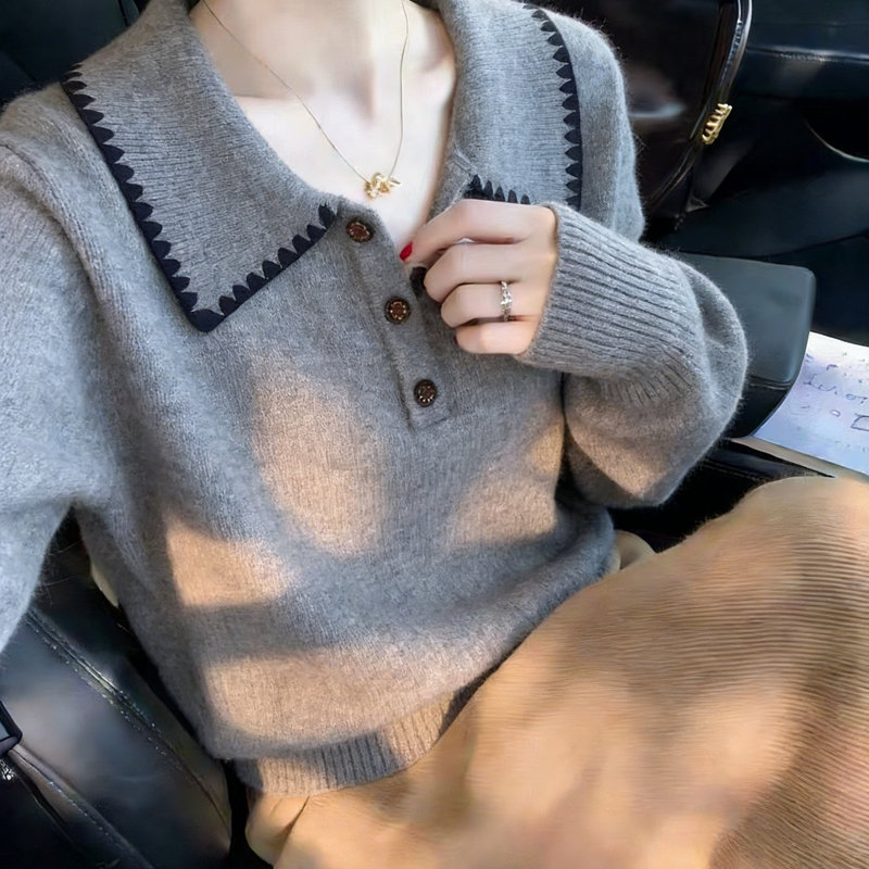 Recommended personal favorite~ College style color-blocked POLO collar long-sleeve knit sweater for women, new autumn pullover with regular shoulders Recommended personal favorite~ College style color-blocked POLO collar long-sleeve knit sweater for women, new autumn pullover with regular shoulders