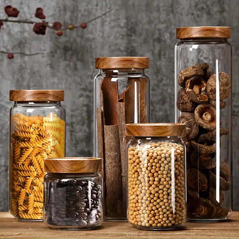 Tanque de almacenamiento de madera de acacia para almacenar alto borosilicato transparente de uso diario con cubierta de cocina de almacenamiento de granos de vidrio sellado de vidrio