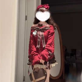 秋冬季新款韩系甜美温柔风红色蝴蝶结针织上衣女高腰显瘦半身裙潮