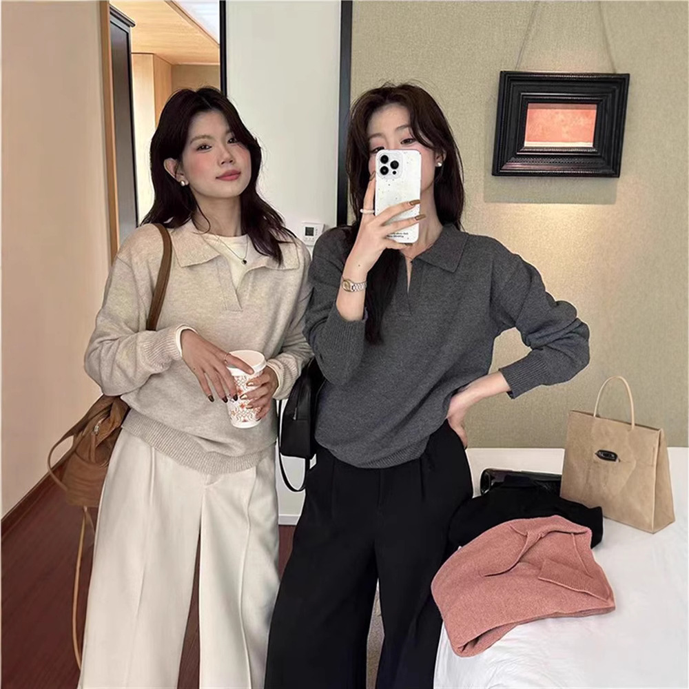 Soft and Waxy Polo Lapel Sweater for Women, Autumn and Winter Retro Hong Kong Style Lazy Style Top, Casual Knitted Bottoming Shirt for Women