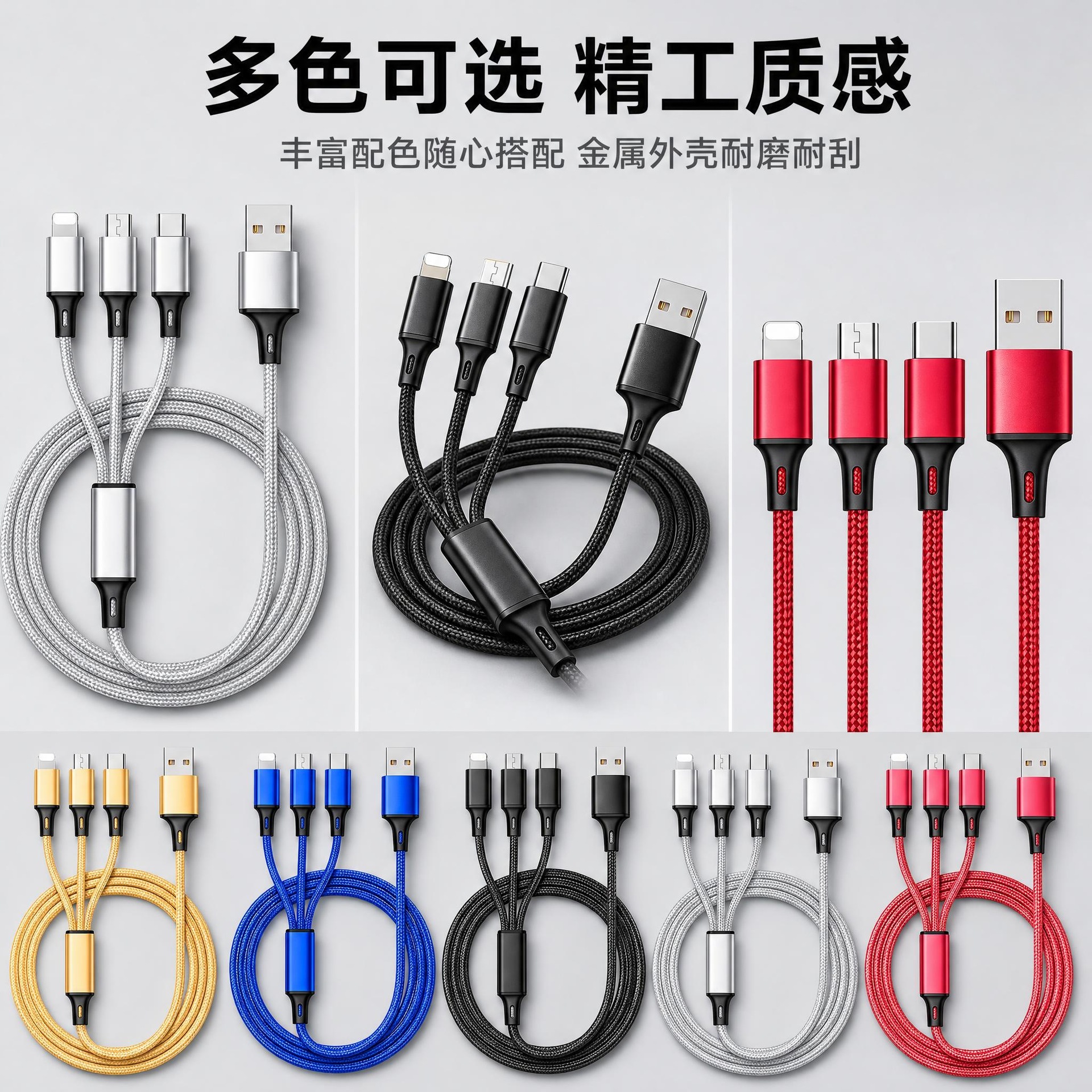 尼龙编织一拖三数据线多头2A快充三合一手机充电线logo批发小礼品 数码、电脑厂家批发实拍图