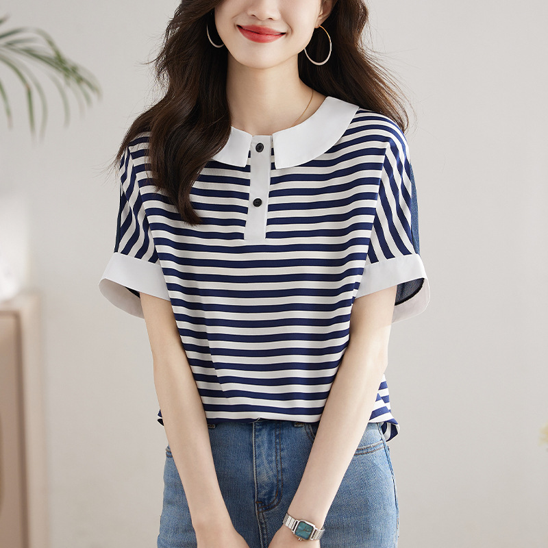 Vintage Modern Style Contrasting Color Loose Profile/Classic Striped Mulberry Silk Short-sleeved Chiffon Shirt Women's Small Top