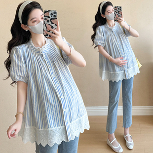 Summer Pregnant Women's Fresh and Sweet Shirt Plus Size Age-Reducing Puff Sleeve Cotton and Linen Stripesd Shirt Top Lace Baby Doll Shirt
