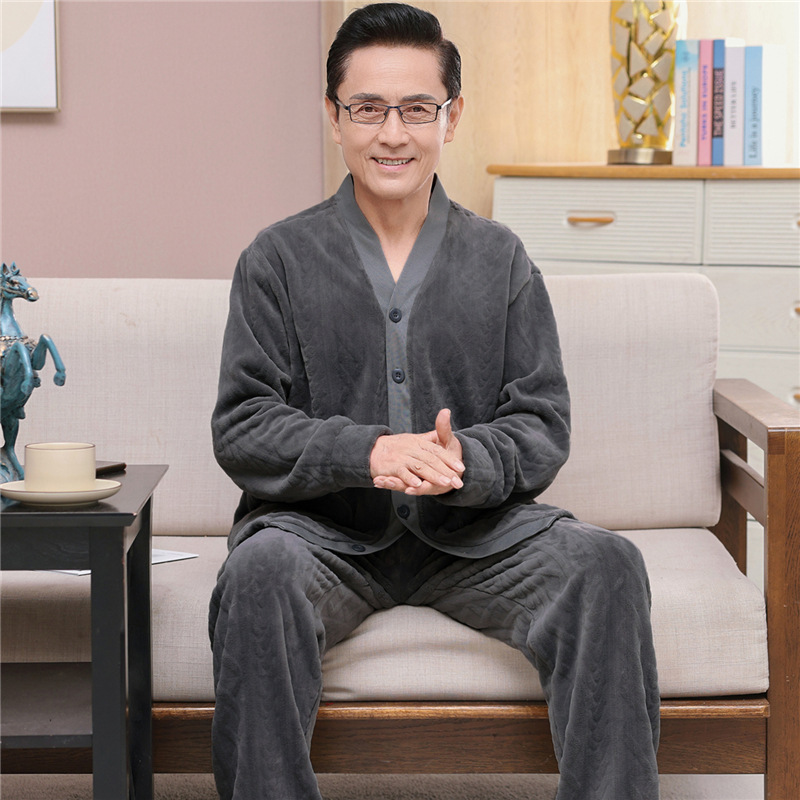 Flannel Pajamas Monk Collar Middle-aged Men's Long-sleeved Thickened Home Clothes Warm for Middle-aged and Elderly suit in Autumn and Winter Flannel Pajamas Monk Collar Middle-aged Men's Long-sleeved Thickened Home Clothes Warm for Middle-aged and Elderly suit in Autumn and Winter
