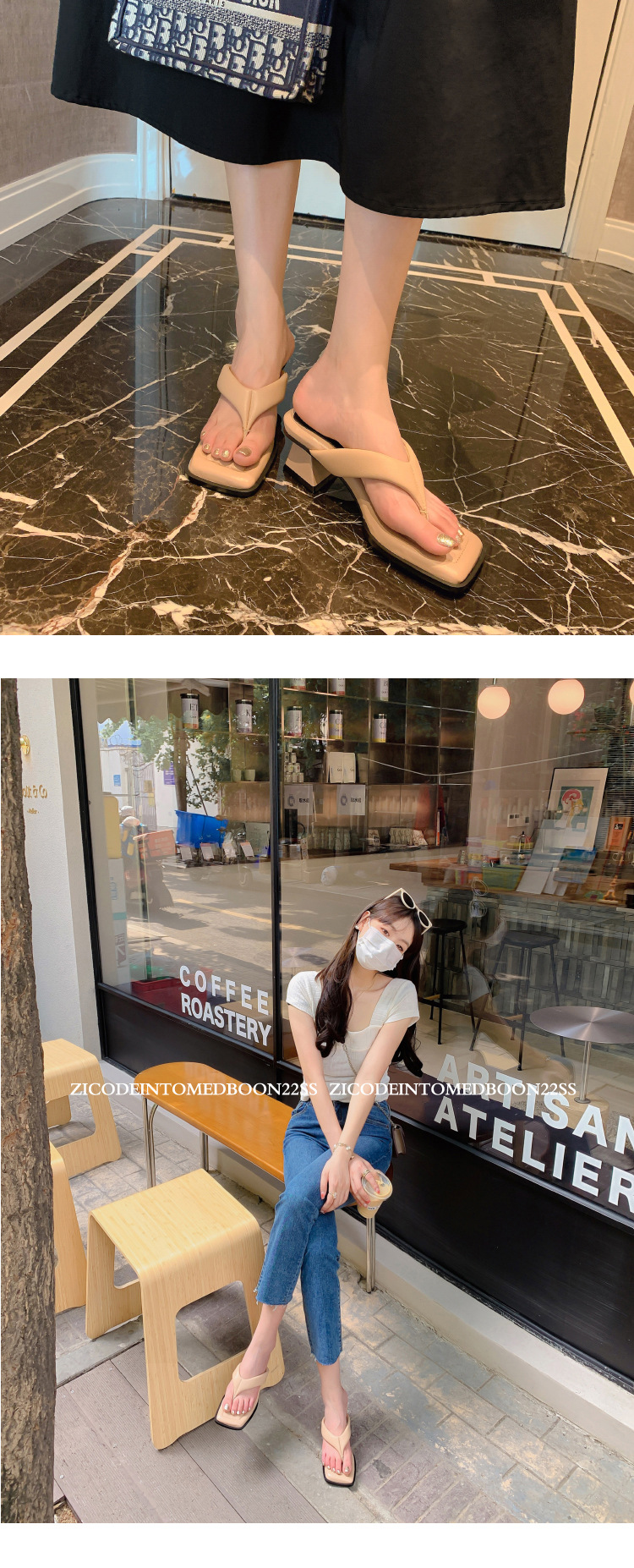 Dép sandal nữ xỏ ngón da cừu mũi vuông gót thấp — Màu đen chi tiết 35