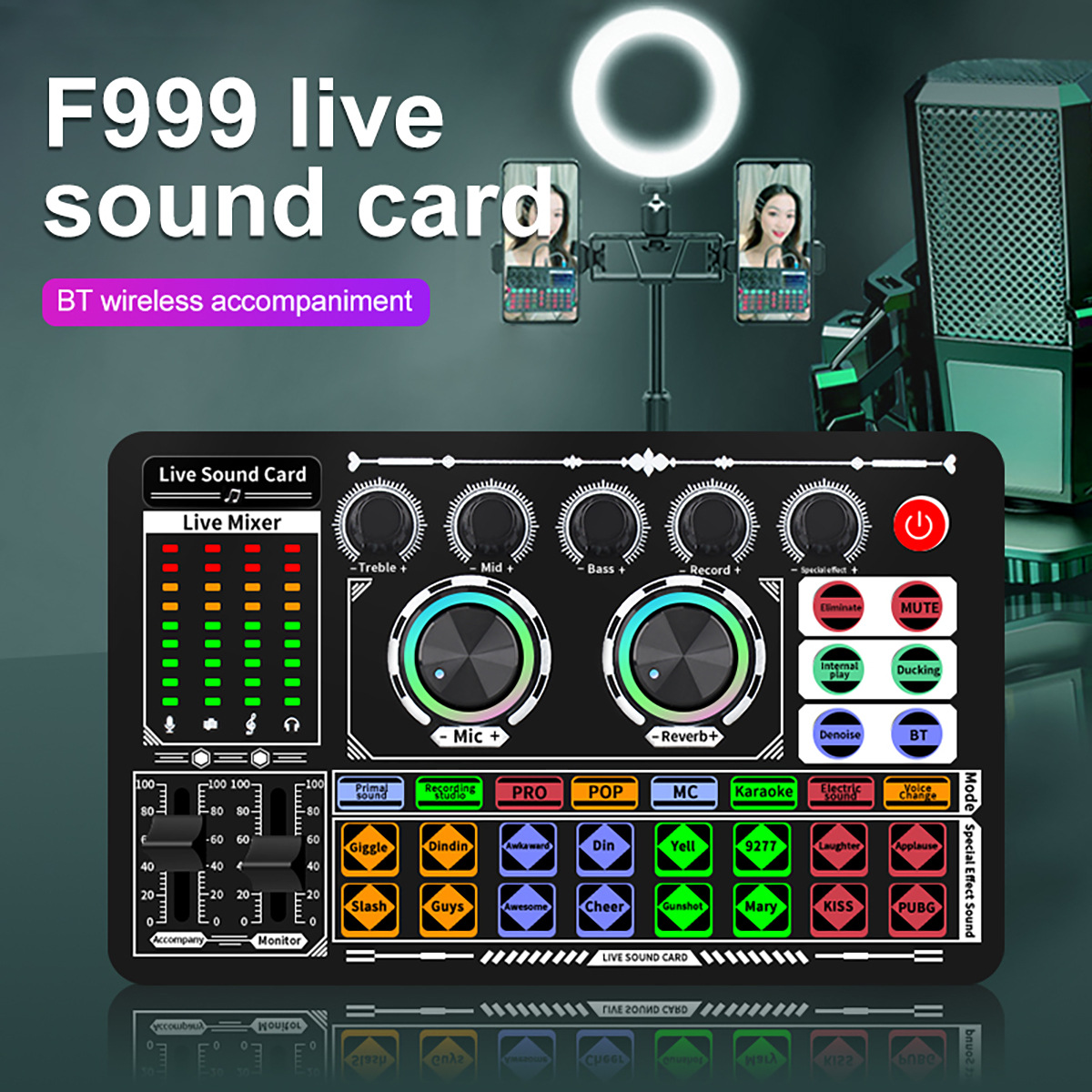 Cross-border F999 live broadcast sound card integrated computer karaoke recording professional mixer suit equipment English version