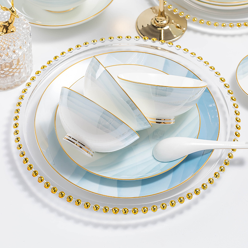 Simple Gold-Trimmed Bowl and Plate Set for Home Use, Ceramic Dinnerware with Ink Wash Style, Plate Combination from Jingdezhen Porcelain