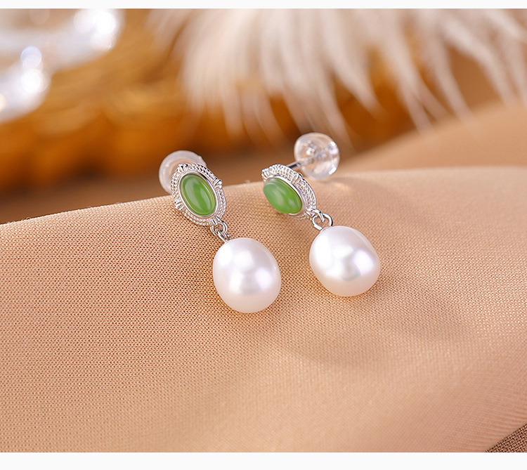 Bông tai nữ đính ngọc trai nước ngọt mạ vàng bạc S925 hình trứng — Kiểu màu bạc, Kiểu màu vàng chi tiết 4