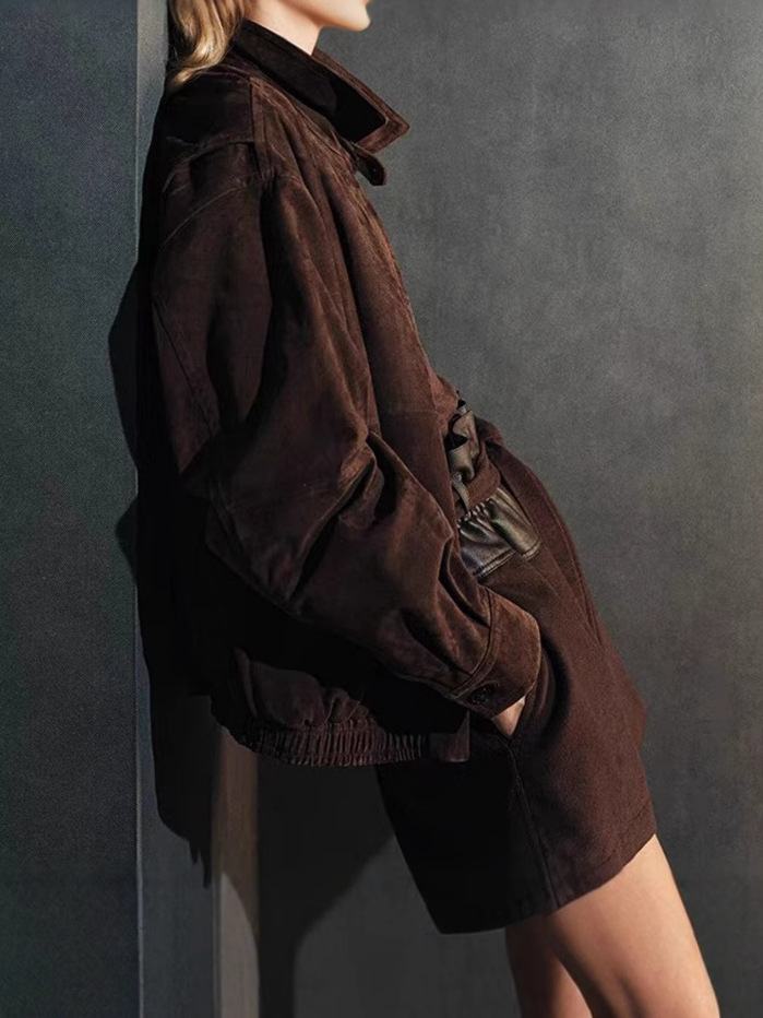 初秋の新製品 HN4170 輸入本革シープスキンスエードレトロオールドマネーワイドショルダーラペルジャケットレディースカジュアルレザージャケット