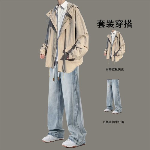 Spring and Autumn Season Hong Kong Style Hooded Work Jacket Set for Men Loose Trendy Outerwear with Jeans, Stylish Two-Piece Set