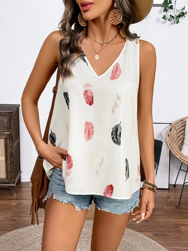 Amazon Bestseller Extended V-Neck Blouse with Feather Shadow Print Lace Cut-out Women's Vacation Sleeveless Top