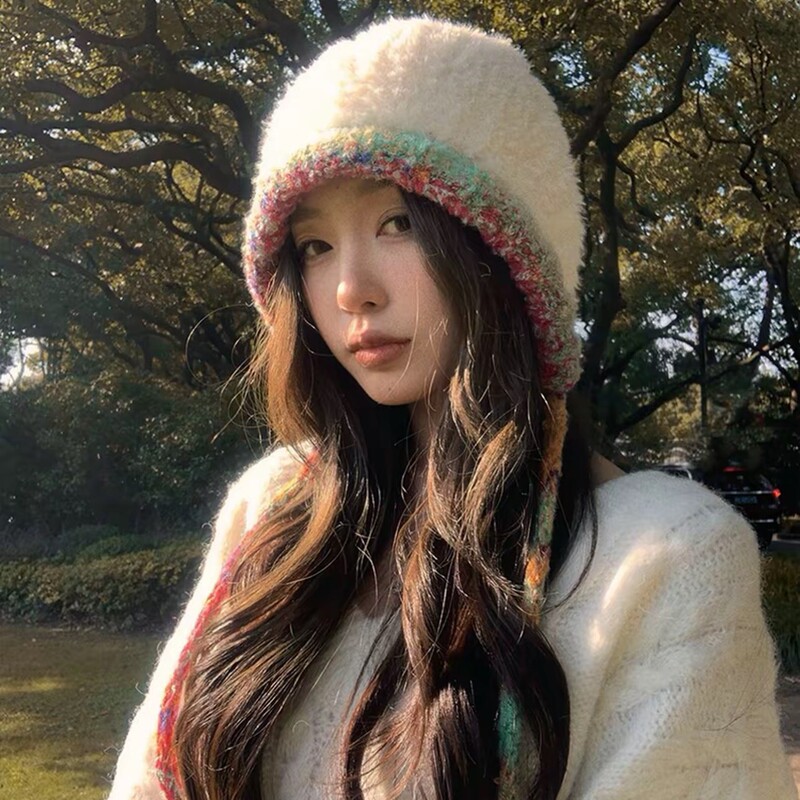 (川西旅游帽子)针织帽子手工流苏毛线帽子女保暖护耳针织帽套头帽|undefined