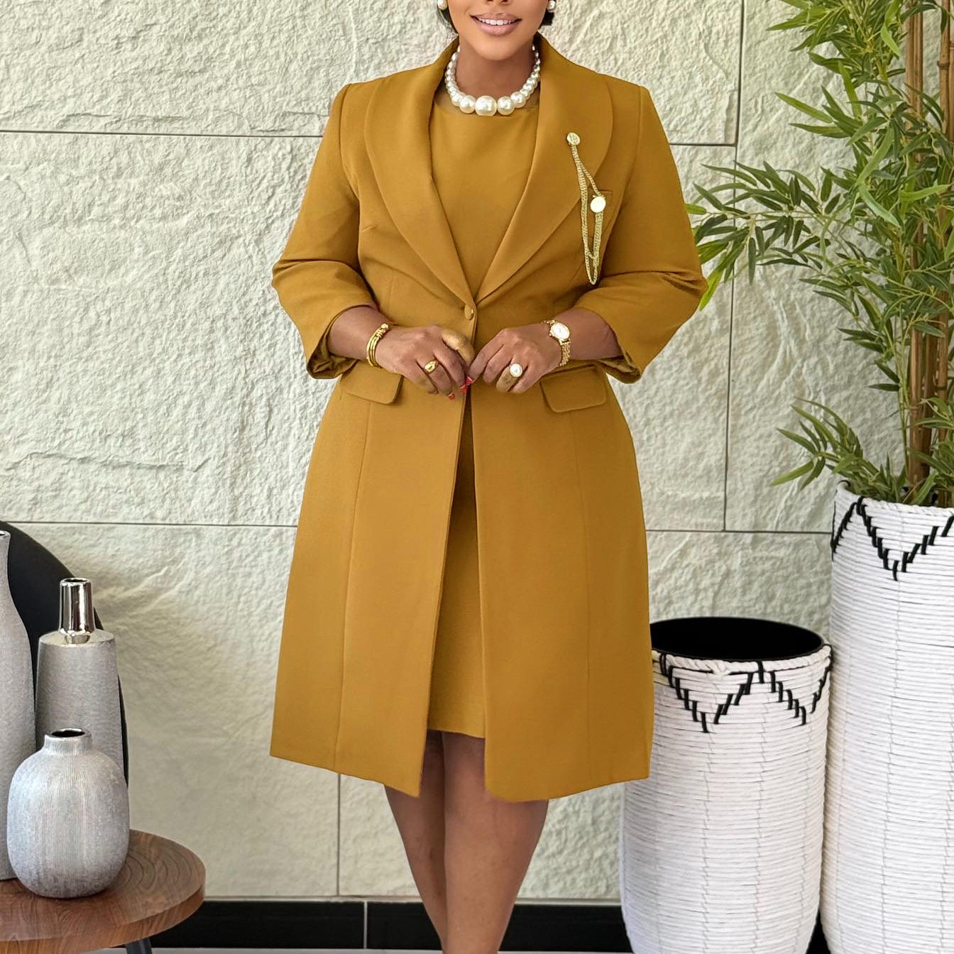 D610 European American Women's Elegant Stretch Slim Fit Solid Color Blazer And Camisole Dress Two-Piece African Fashion_ecoleips.com