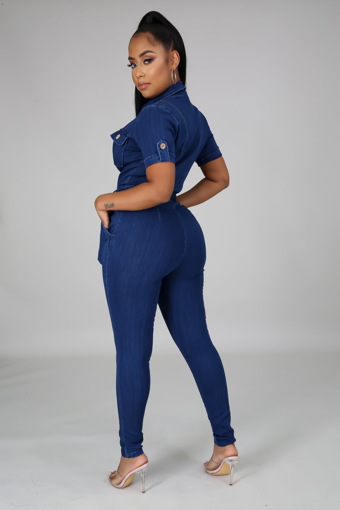 Long Sleeve Single-Breasted Denim Jumpsuit NSMRF116559