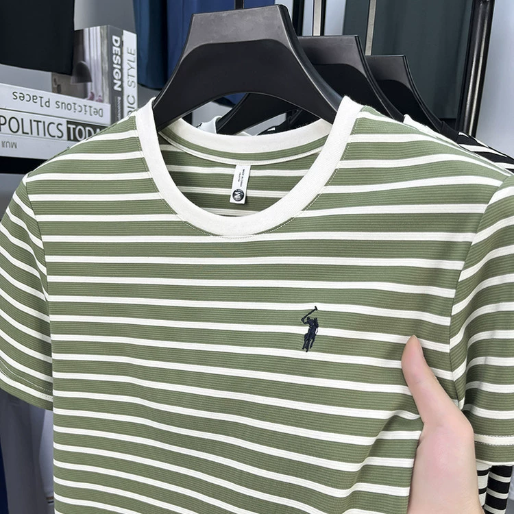 Летняя новая повседневная модная тонкая дышащая мужская футболка с коротким рукавом из хлопка с аммиачными полосками и вышивкой, 2025 год