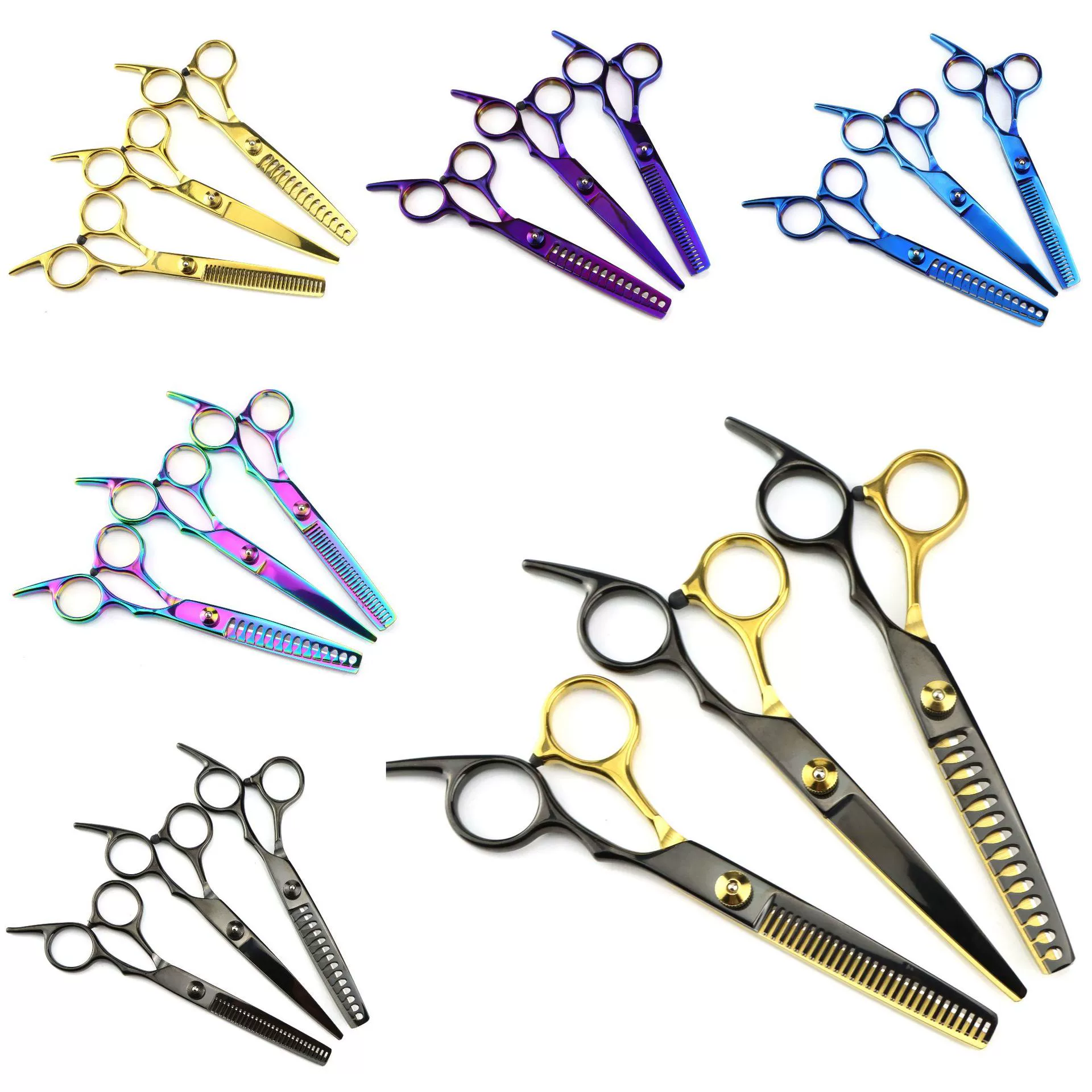 6,0-дюймовые Парикмахерские ножницы среднего класса, парикмахерские ножницы, плоские ножницы, челка, зубные ножницы, тонкие ножницы, белые винты, 6 часов