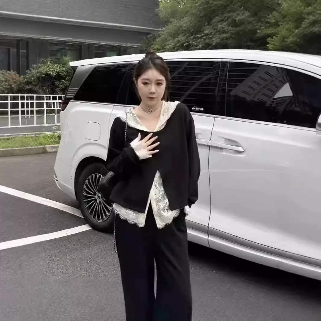 琪琪2025年秋季新款大码女装蕾丝三件套慵懒风时髦卫衣+蕾丝+裤子
