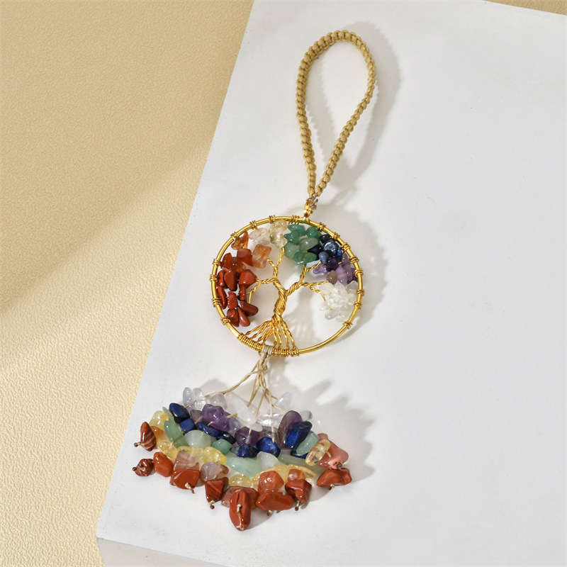 Natural cristal grava ronda árbol de vida cuerda colgante clave colorido borla en forma de corazón tejido coche colgante adornos