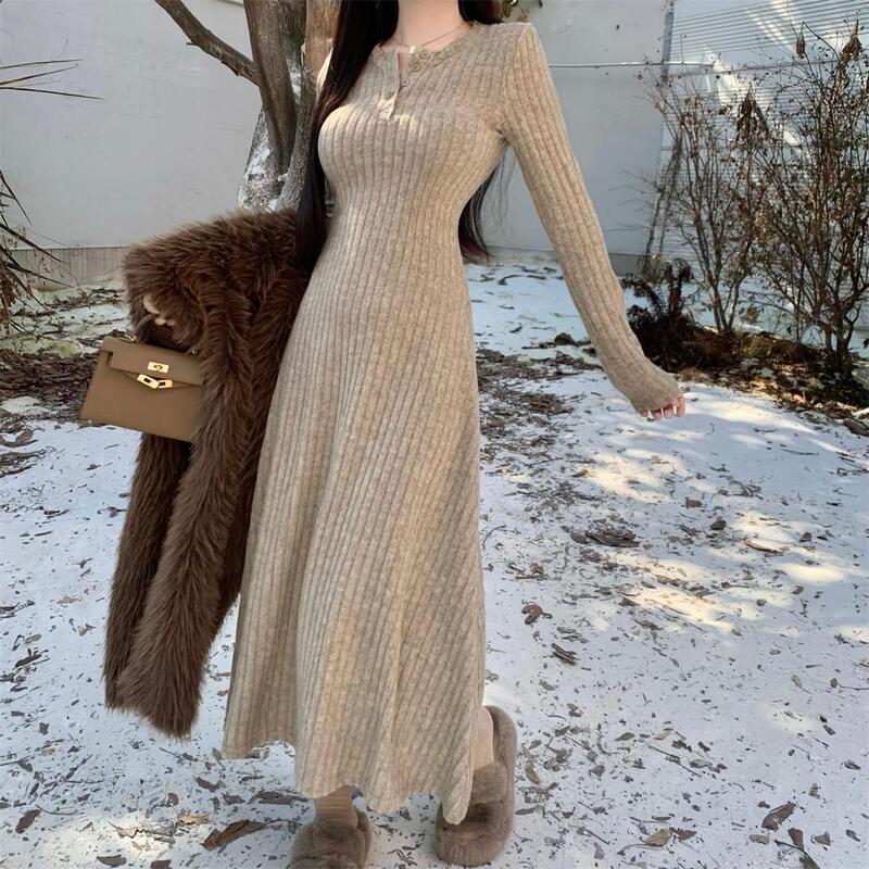 法式长袖针织连衣裙女秋冬季打底内搭裙子修身收腰长裙文艺复古|undefined