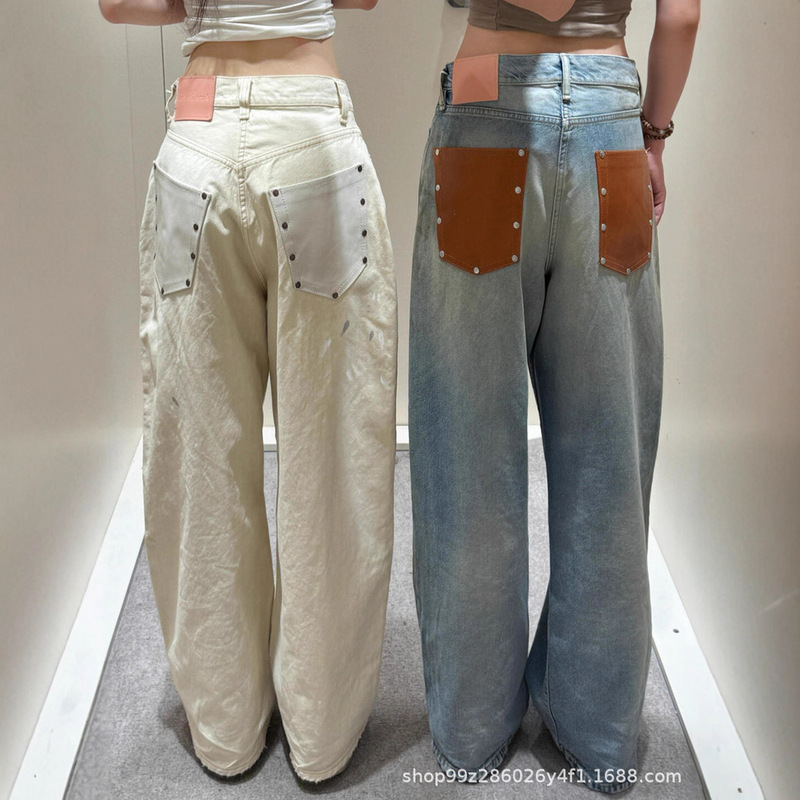 Nanyou Quality 25Ss Retro Distressed Leather Flap Pocket Pants Splicing Rivets Loose Wide-Leg Dirty Jeans Couple Style