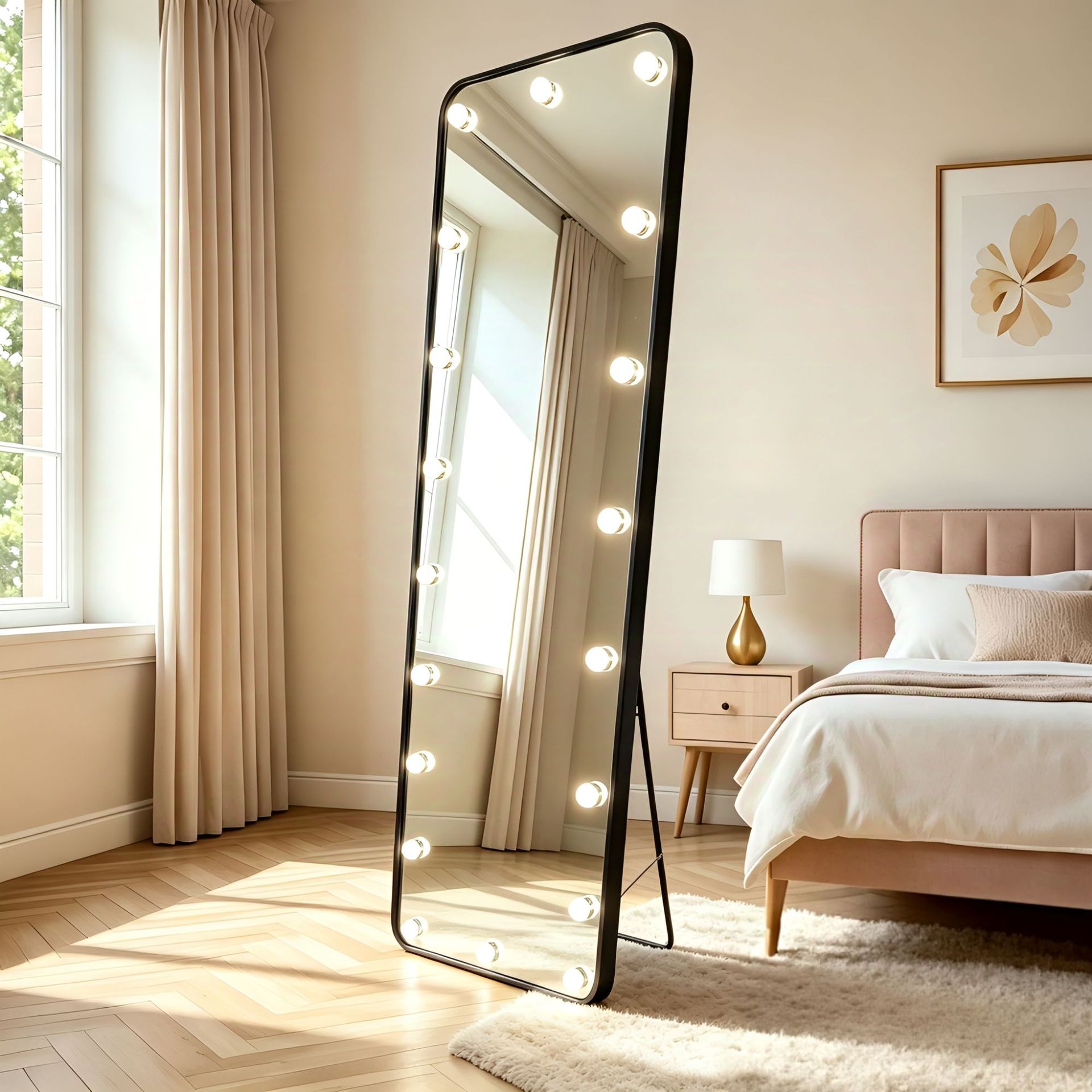 European and American style silver floor mirror with light bulb illumination for girls' bedroom, high-definition, shatterproof, slimming mirror