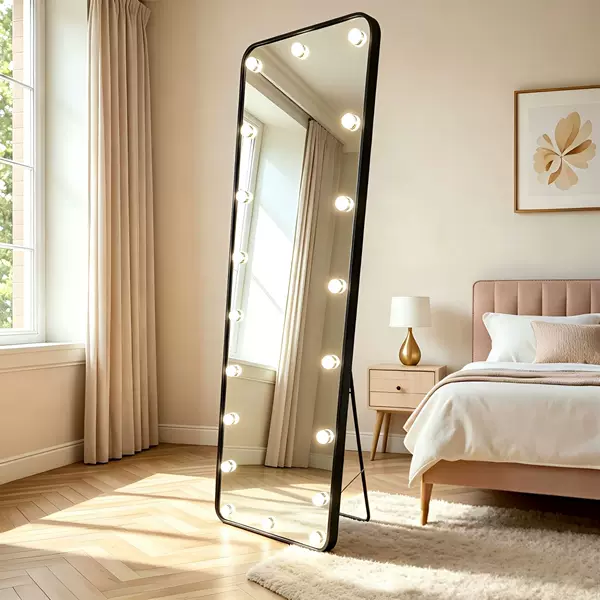European and American style silver floor mirror with light bulb illumination for girls' bedroom, high-definition, shatterproof, slimming mirror
