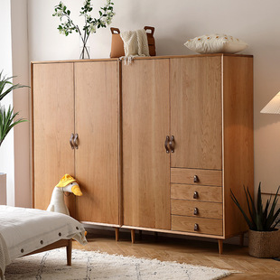 Nordic Solid Wood Wardrobe for Home Use, Small Apartment Wall-Mounted Wardrobe with Drawers, Bedroom Japanese-Style Natural Wood Storage Cabinet