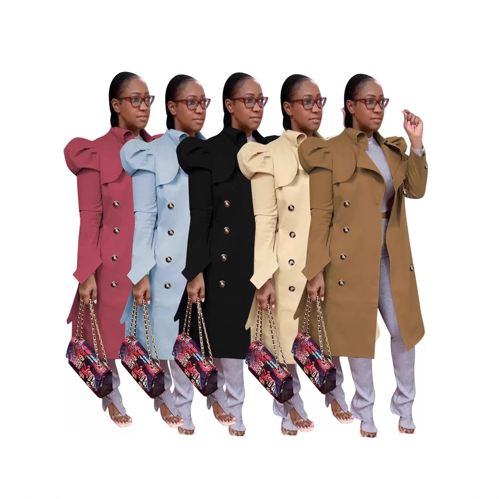 Amazon Cross-Border Hot Selling European and American Clothing Windbreaker Versatile Casual Long Double-Breasted Jacket Coat Autumn and Winter New Style