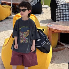 男の子の夏の漫画ラウンドネック韓国風半袖トップ夏子供の古い洗浄レトロルーズカジュアル Tシャツ