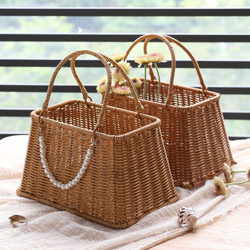 Rattan-like hand-woven gift handbag woven fruit basket handbag gift packaging basket Hanfu punch-in props