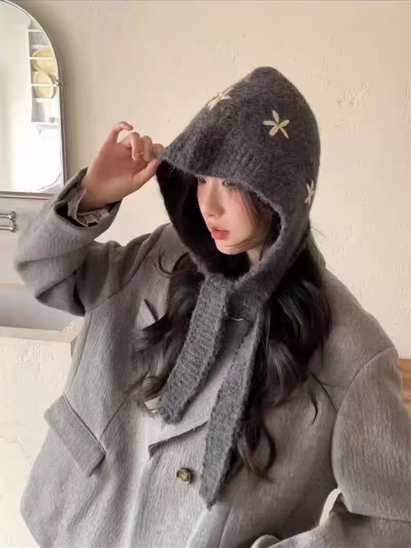 复古小花红色巴拉克拉法帽女冬季针织毛线帽保暖显脸小护耳帽子|undefined