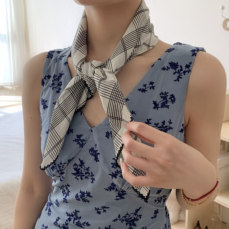 Bolsa a cuadros, pañuelo en la cabeza, niña de verano, estilo pastoral de primavera y verano, bufanda de seda francesa, bufanda cuadrada pequeña, bufanda pequeña, bolsa de toalla de seda, cinturón