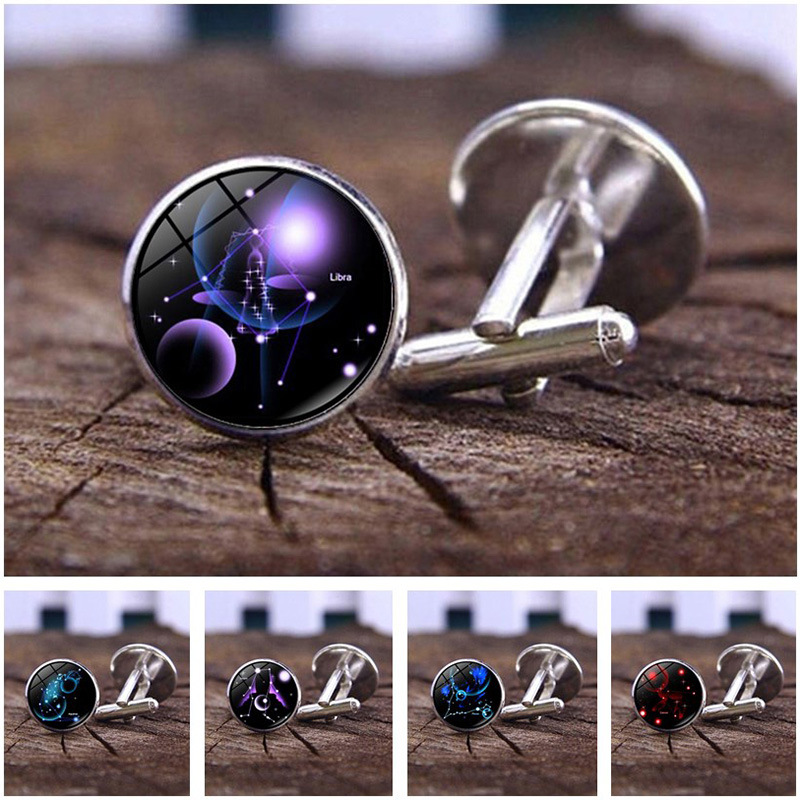 Twelve Constellations Time Gem Cufflinks for Men, Casual French Style Shirt Cufflinks, Creative Birthday Gift