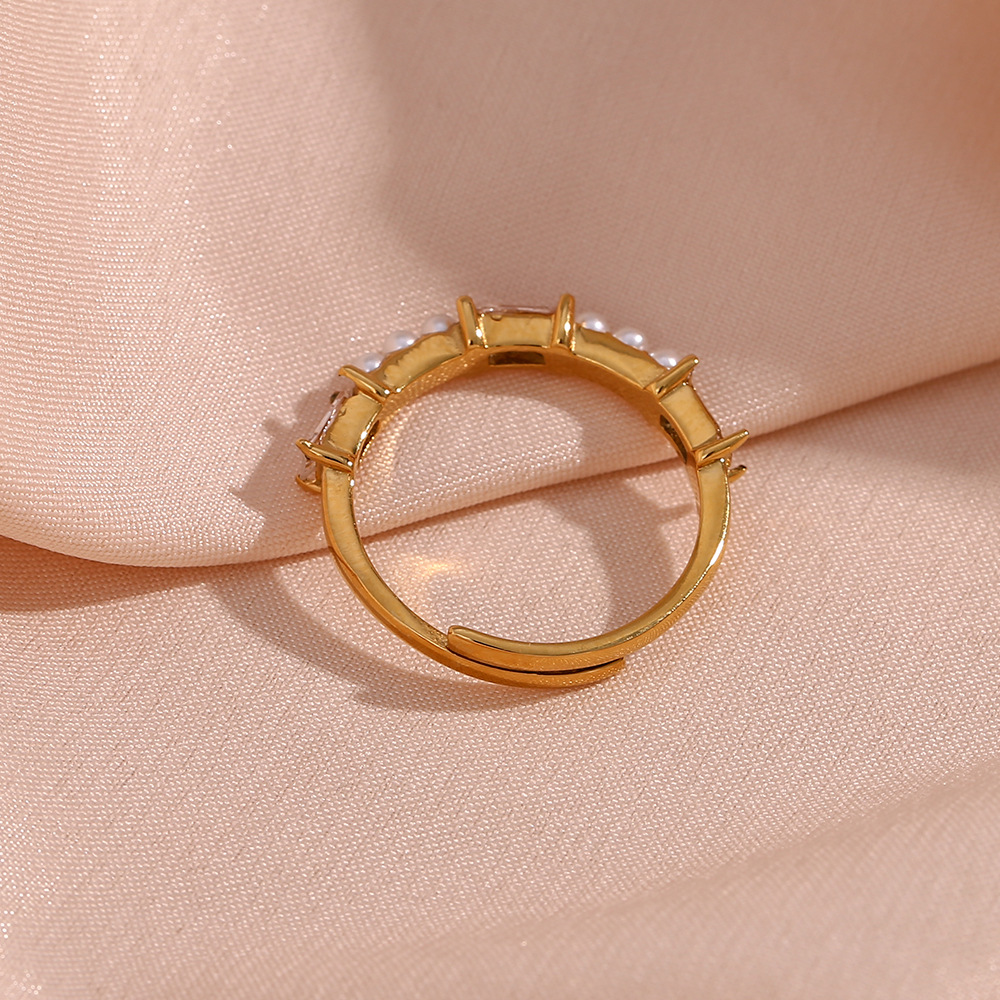 Fashion Geometric Stainless Steel Inlay Artificial Pearls Zircon Open Ring 1 Piece